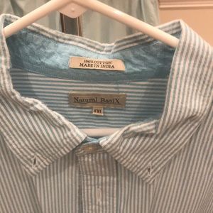 Casual blue and white striped button-down shirt
